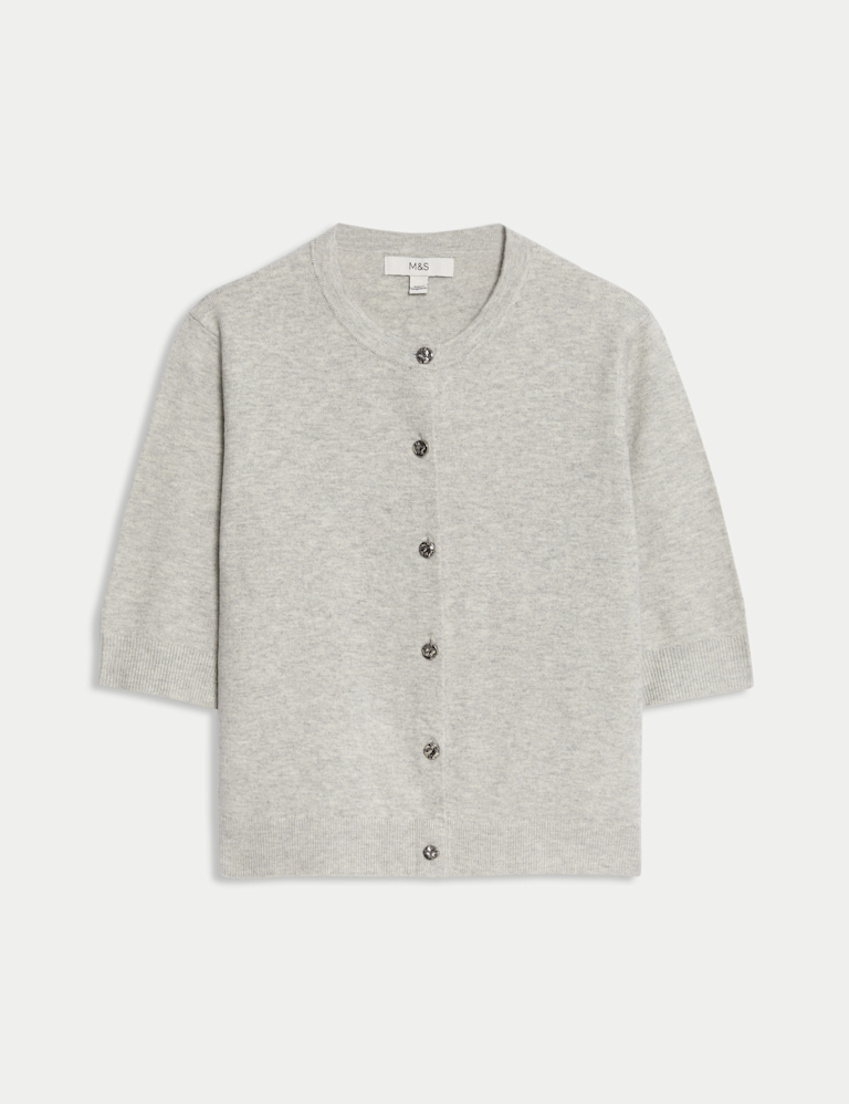 Air-Yarn Button Front Short Sleeve Cropped Cardigan