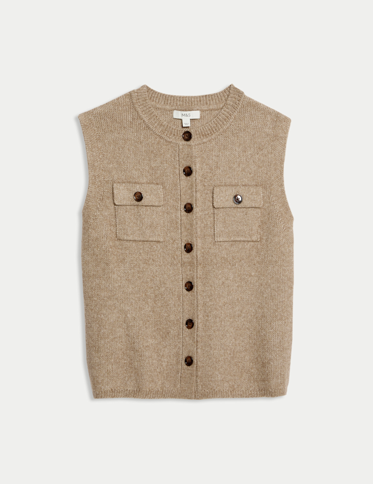 Cloud-Yarn Pocket Crew Neck Knitted Waistcoat