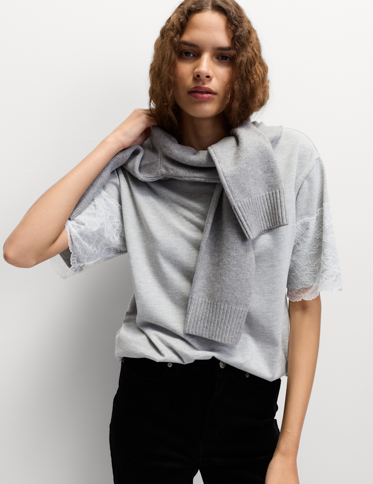 Cotton Blend Lace Sleeve T-Shirt