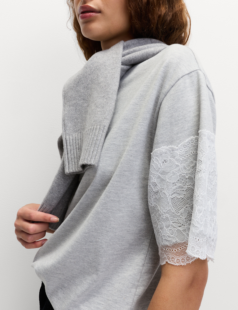 Cotton Blend Lace Sleeve T-Shirt