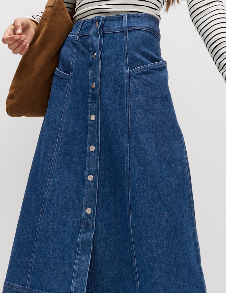 Denim Button Front Midi Circle Skirt