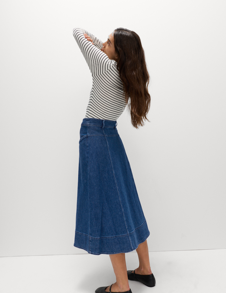 Denim Button Front Midi Circle Skirt