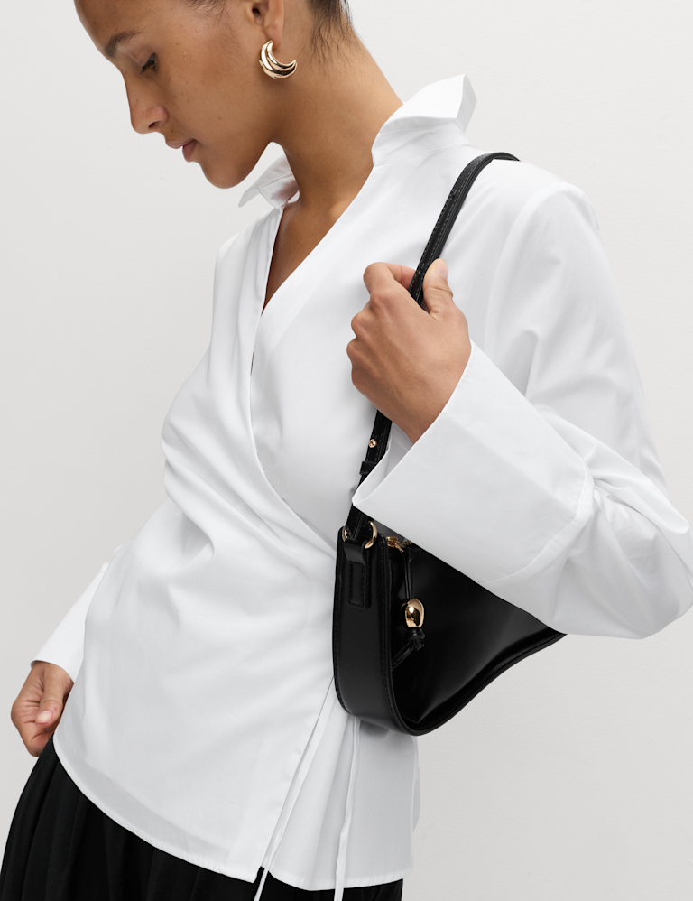 Pure Cotton V-Neck Tie Detail Wrap Shirt