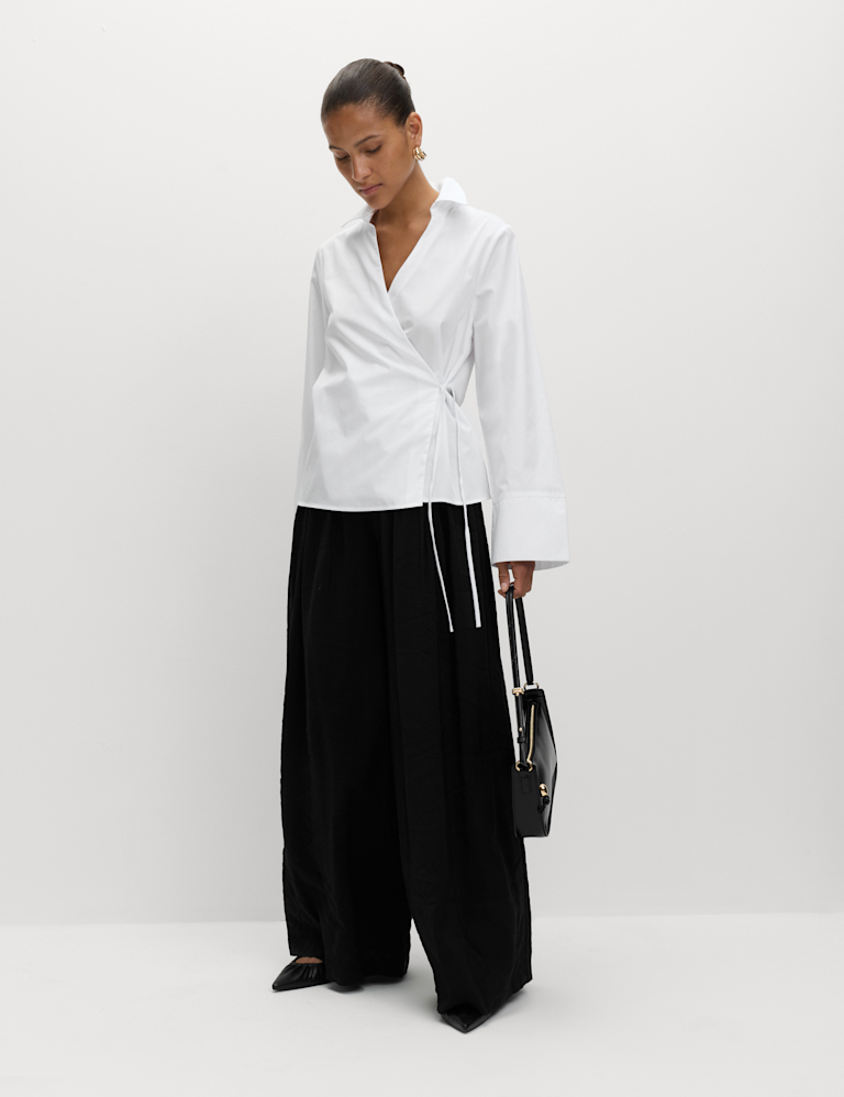 Pure Cotton V-Neck Tie Detail Wrap Shirt