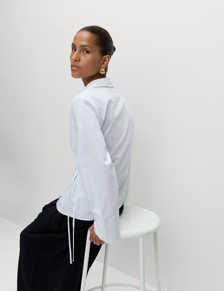 Pure Cotton V-Neck Tie Detail Wrap Shirt