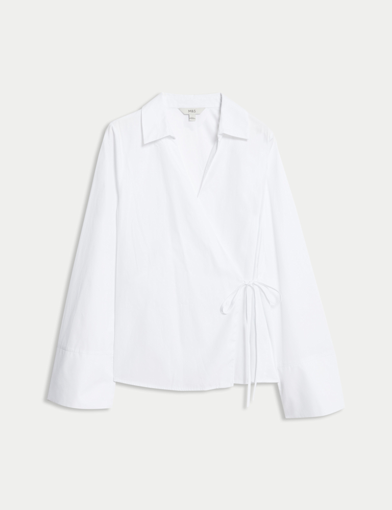 Pure Cotton V-Neck Tie Detail Wrap Shirt