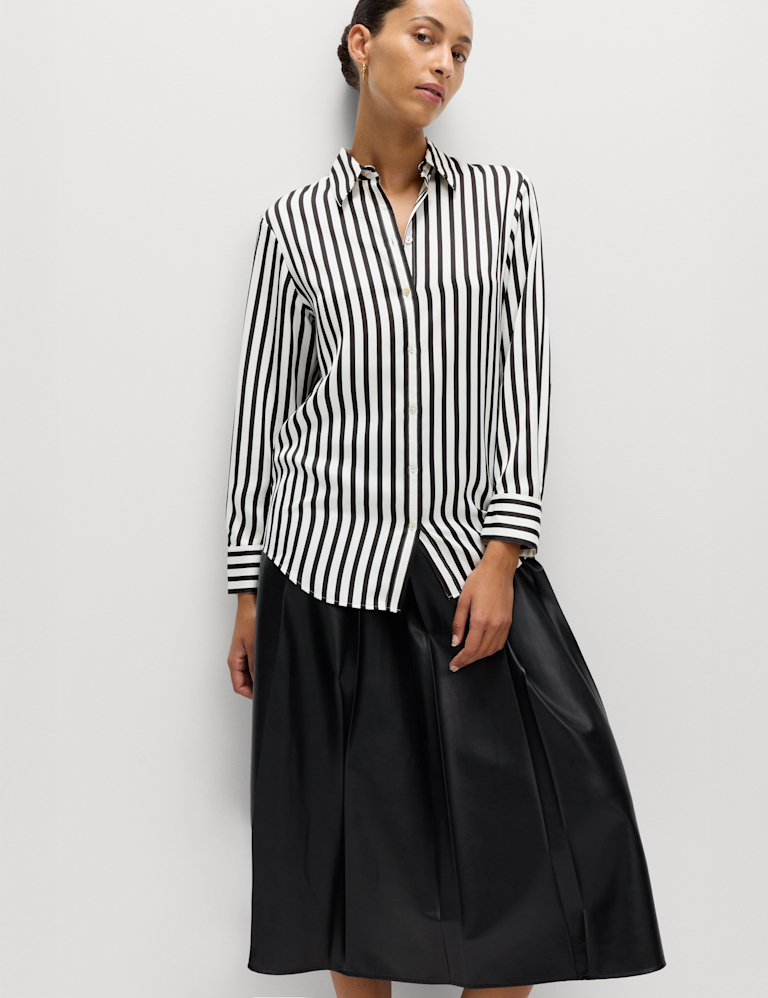 Satin Striped Collared Button Through Shirt