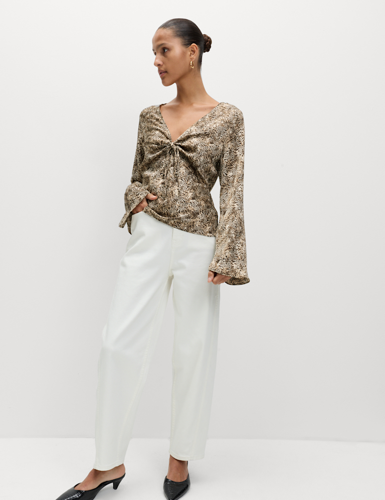 Satin Animal Print Tie Front Top