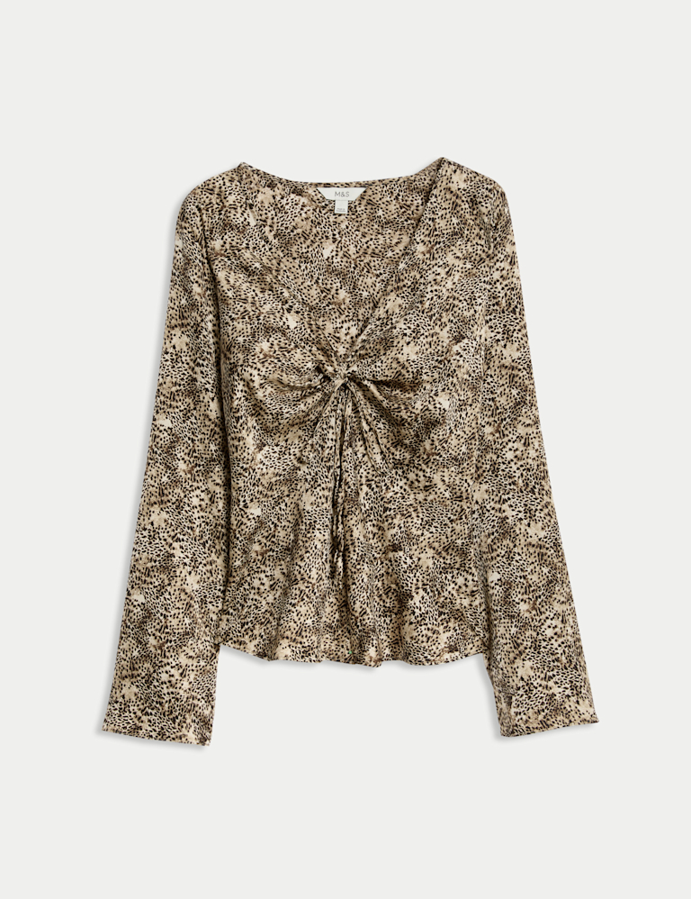 Satin Animal Print Tie Front Top