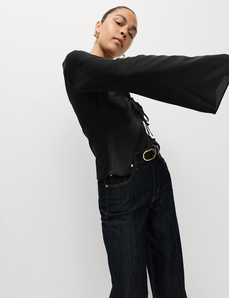 Satin Tie Front Long Sleeve V-Neck Top