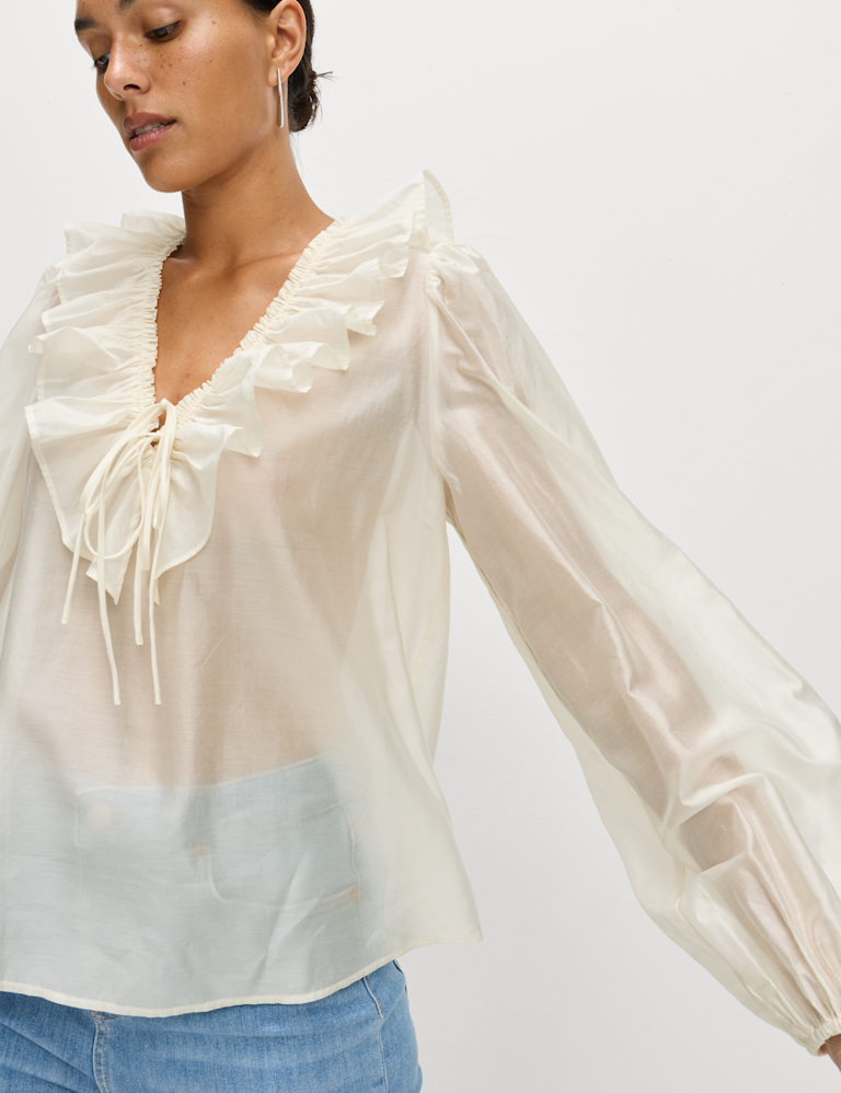 Lyocell Rich Frill Detail V-Neck Top