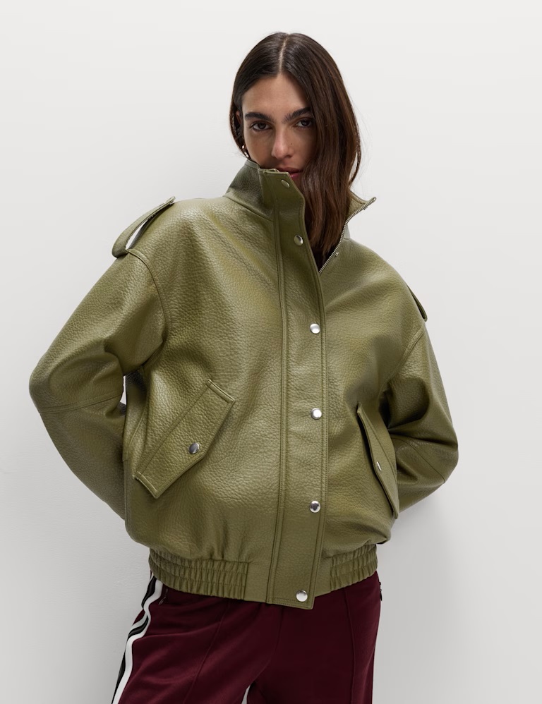 Faux Leather Textured Longline Bomber Jacket Faux Leather Textured Longline Bomber Jacket