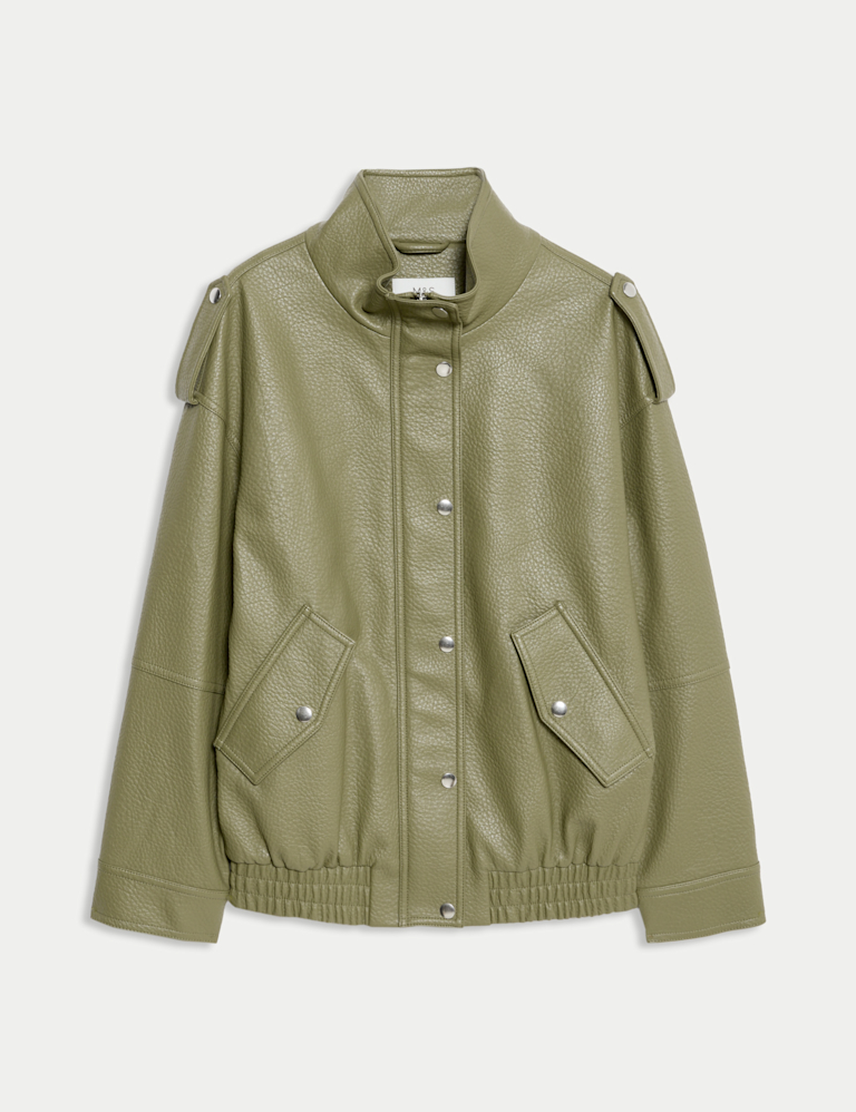 Faux Leather Textured Longline Bomber Jacket