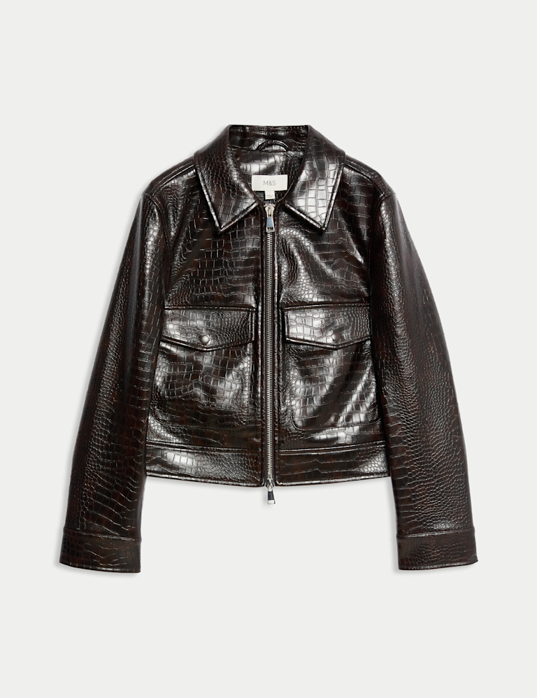 Faux Leather Croc Harrington Jacket