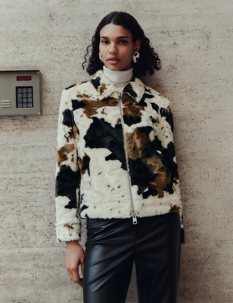 Faux Fur Cow Print Trucker Jacket Faux Fur Cow Print Trucker Jacket