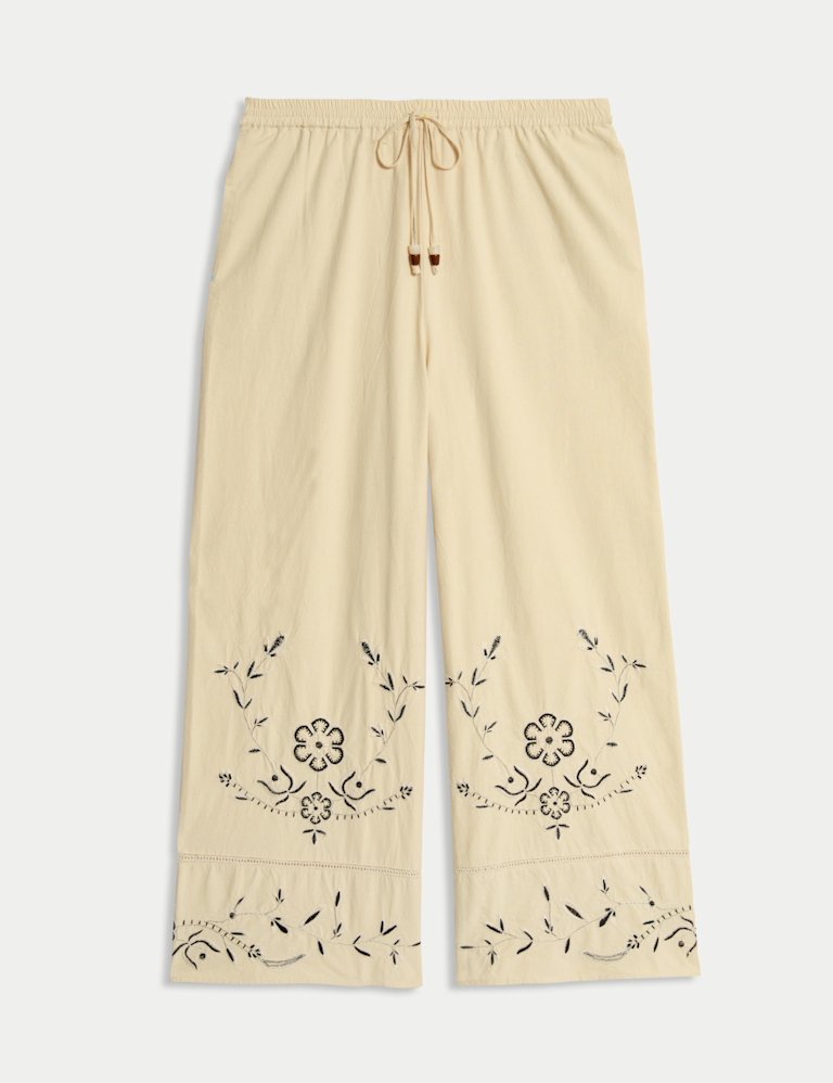 Pure Cotton Embroidered Drawstring Wide Leg Trousers