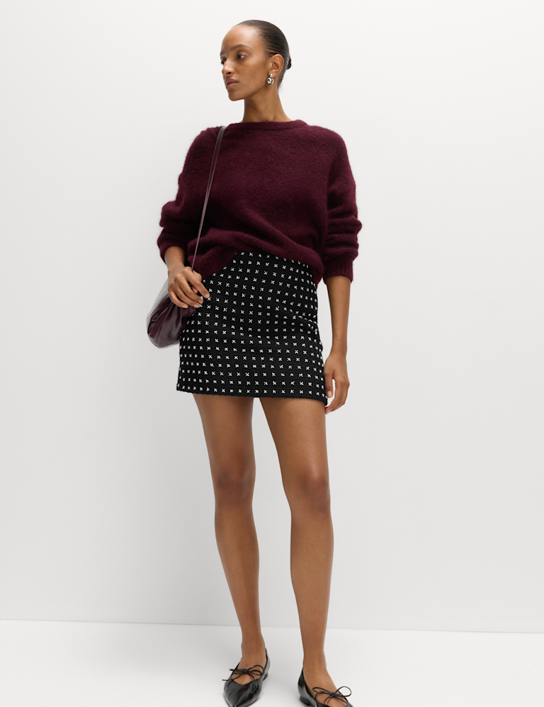Tweed Embellished Mini A-Line Skirt