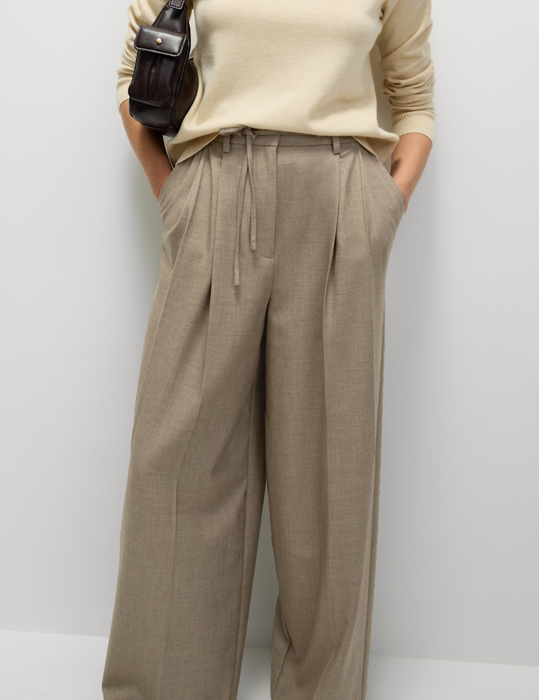 Pleat Front Drawstring Wide Leg Trousers