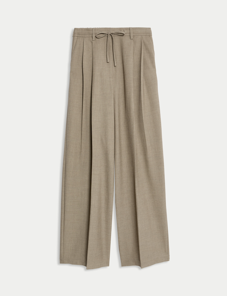 Pleat Front Drawstring Wide Leg Trousers