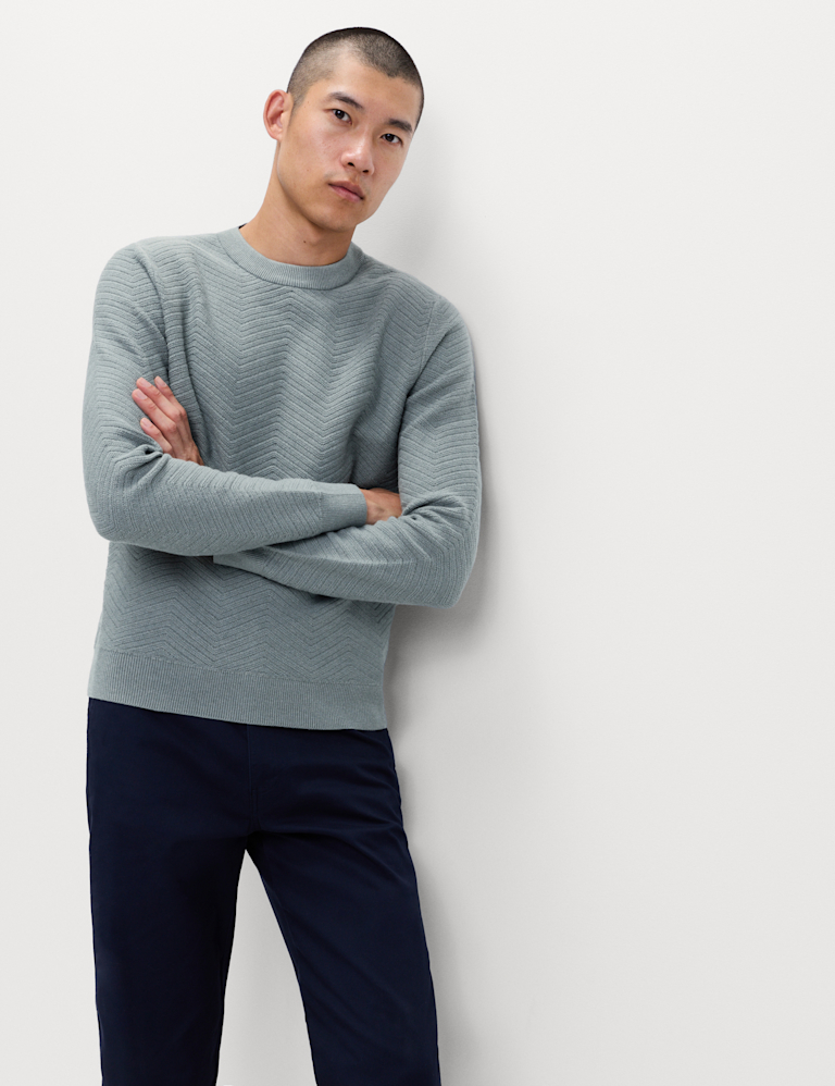 Cotton Blend Herringbone Crew neck Jumper