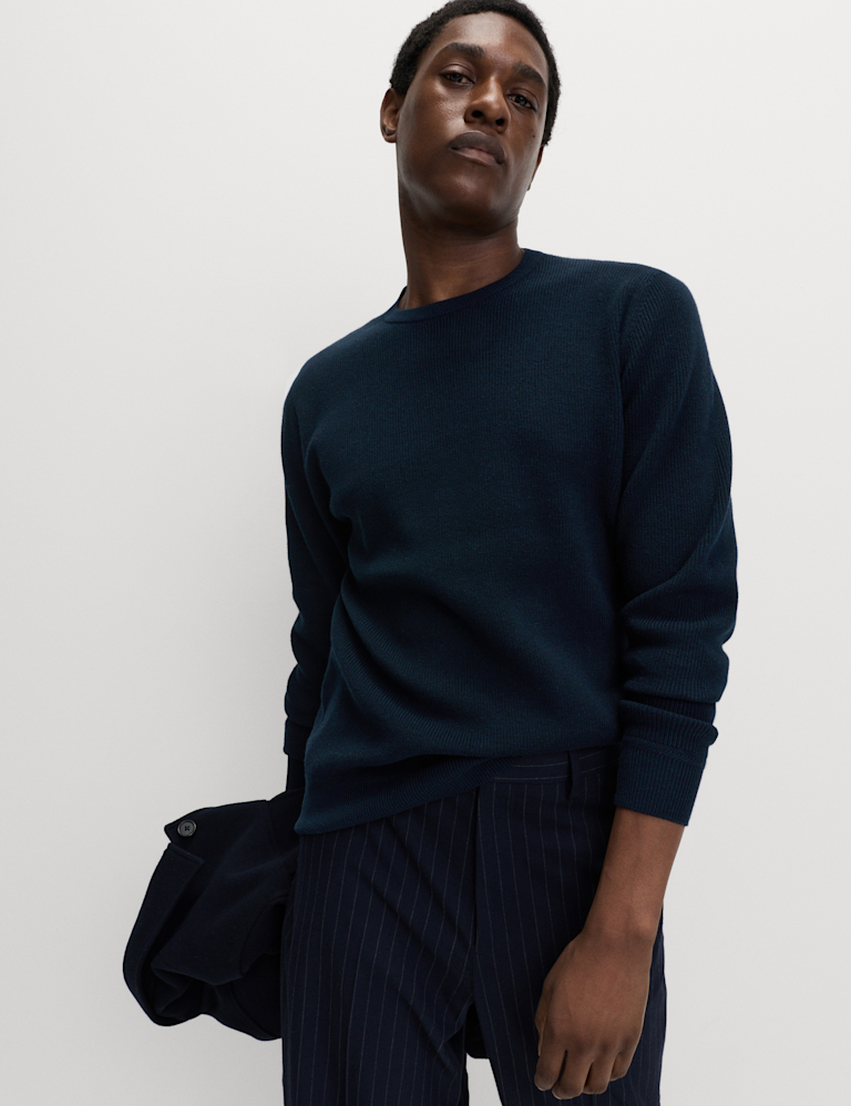 Cotton Blend Fine Rib Crew Jumper