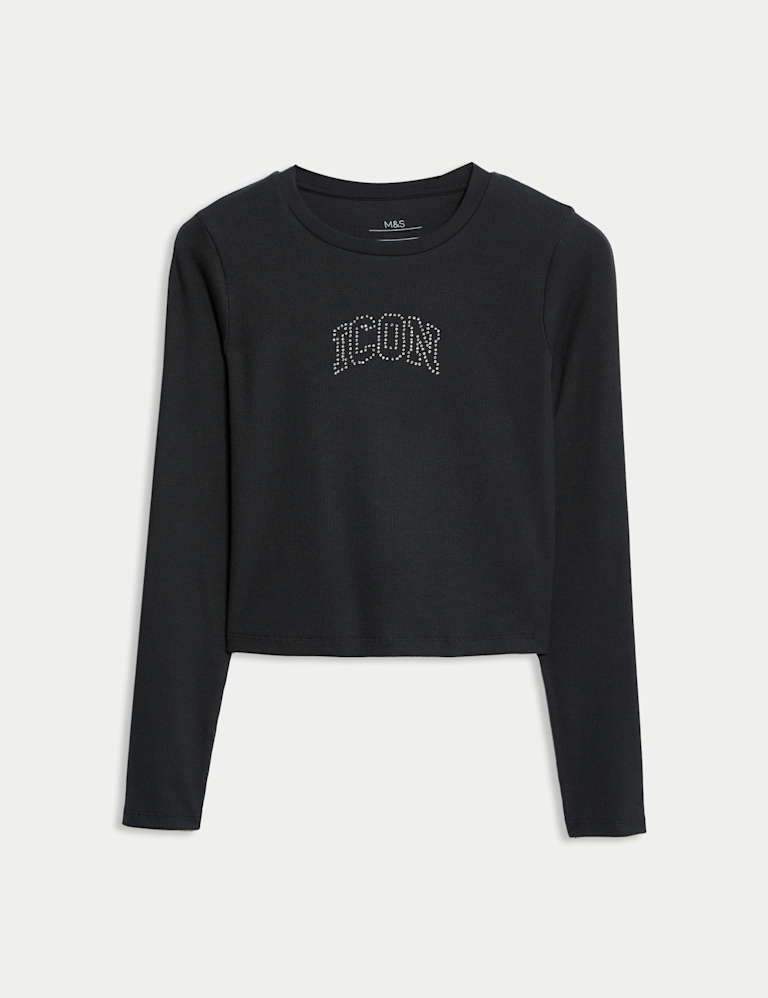 Cotton Rich Icon Slogan Sequin Ribbed Top (6-16 Yrs)