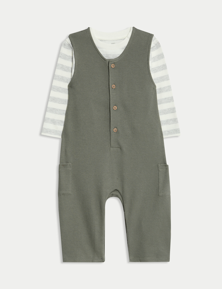 2pc Pure Cotton Waffle Dungaree Outfit (0-3 Yrs)