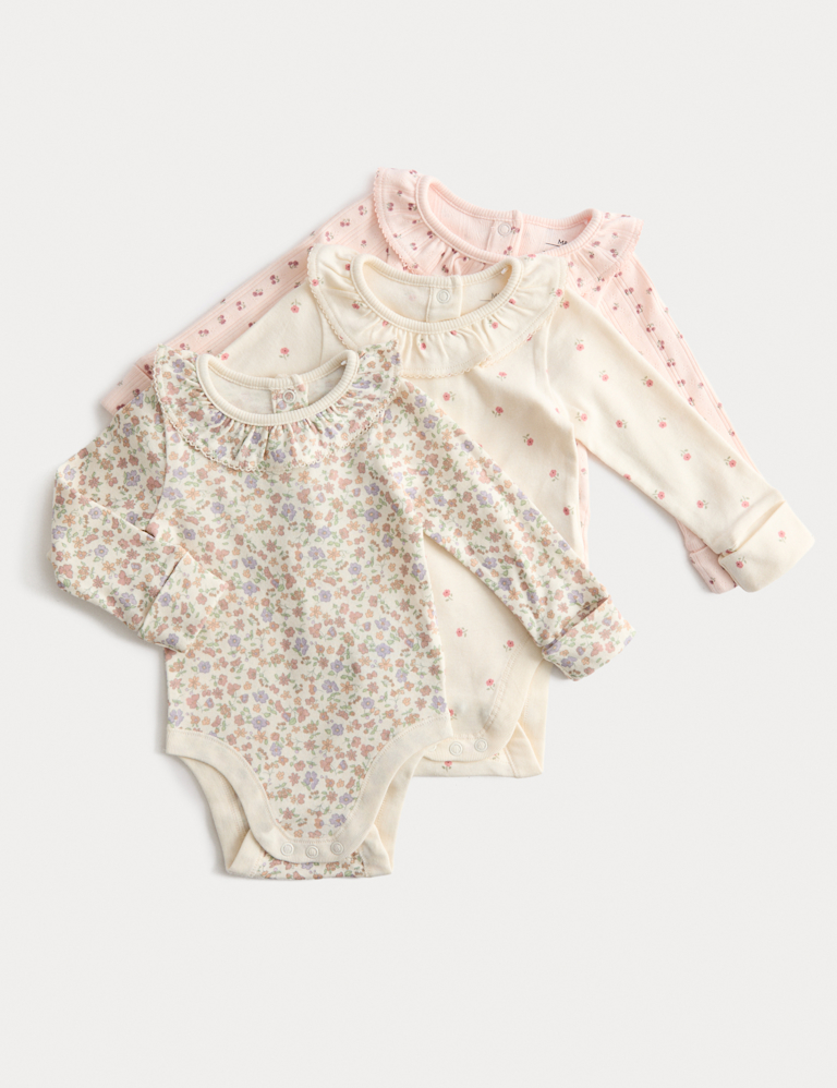 3pk Pure Cotton Floral Long Sleeve Bodysuits (0-3 Yrs)
