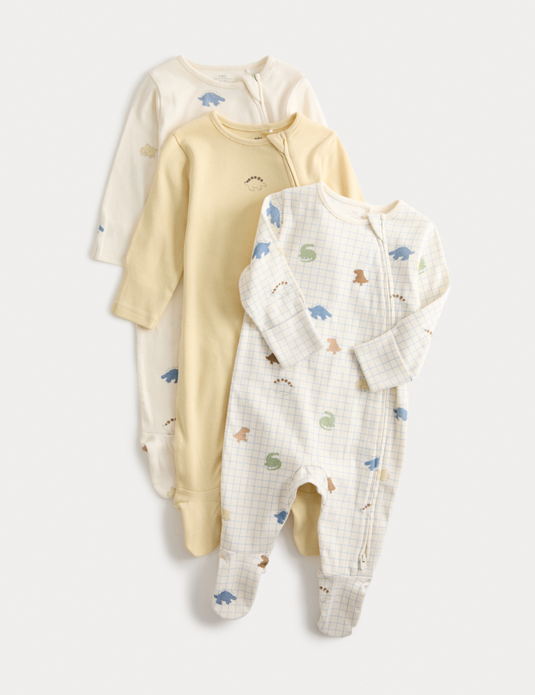 3pk Pure Cotton Dinosaur Print Sleepsuits (0 Mths-3 Yrs)