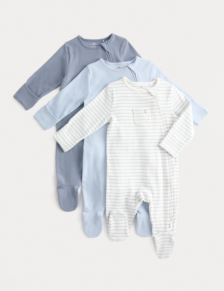 3pk Cotton Rich Ribbed Sleepsuits (0-3 Yrs)