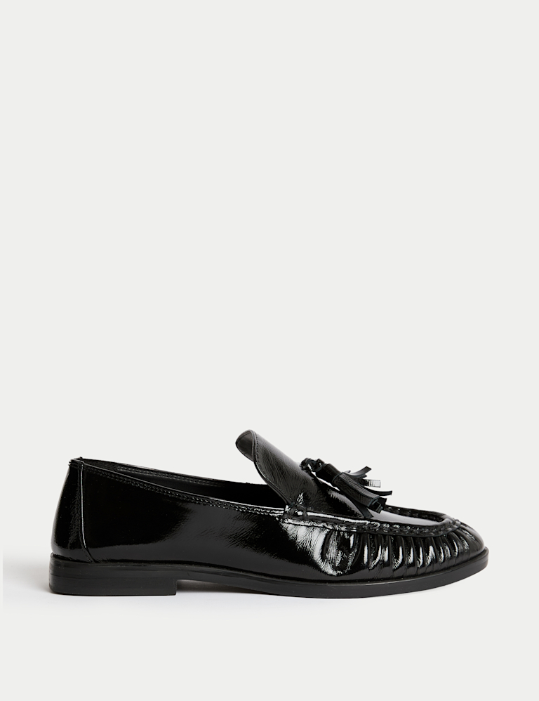 Leather Patent Ruched Tassel Flat Loafers