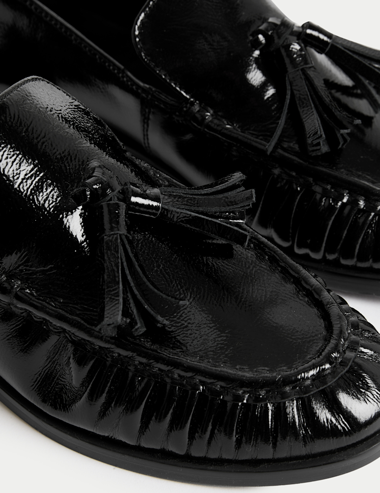 Leather Patent Ruched Tassel Flat Loafers
