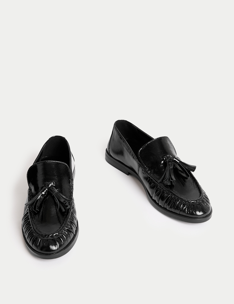 Leather Patent Ruched Tassel Flat Loafers