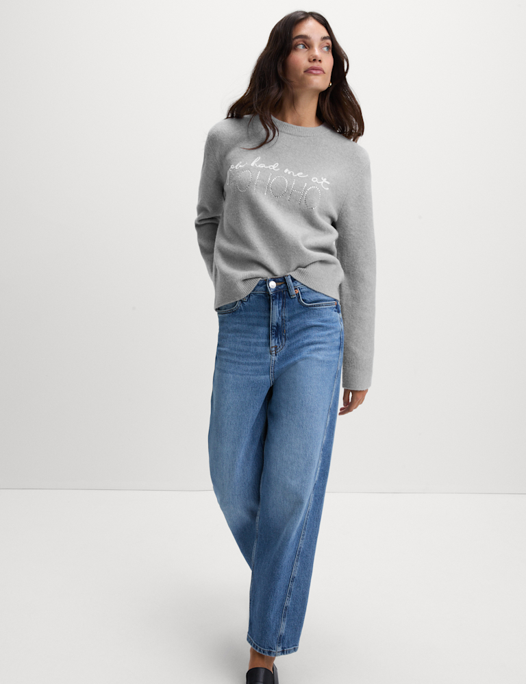 Slogan Crew Neck Jumper with Wool