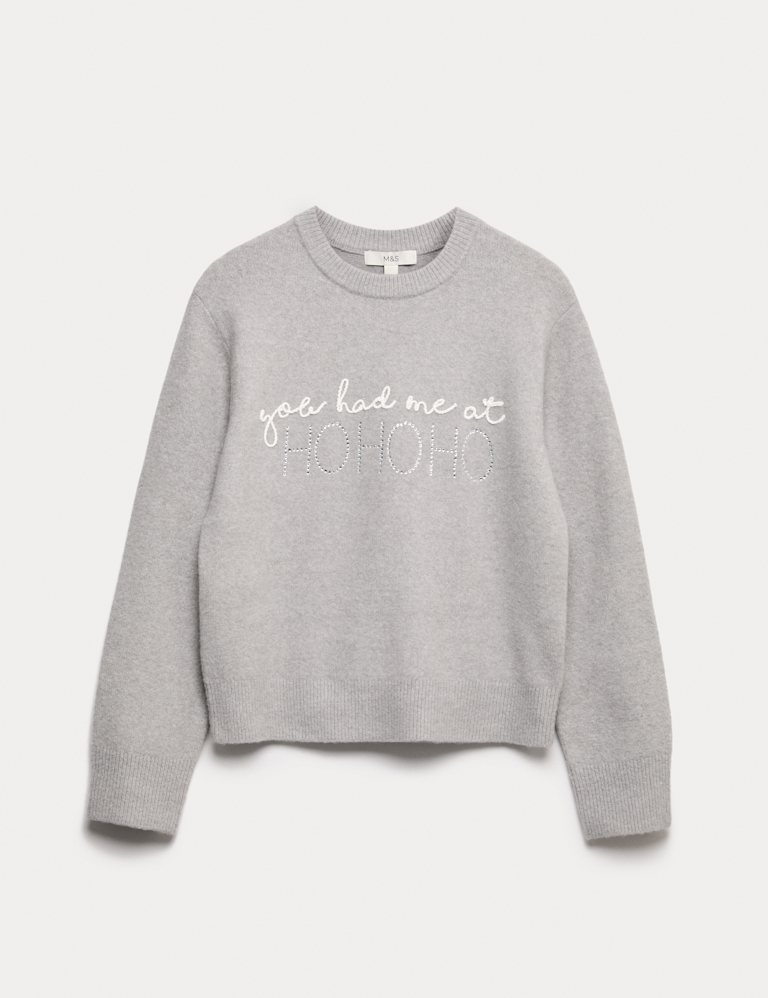 Slogan Crew Neck Jumper with Wool