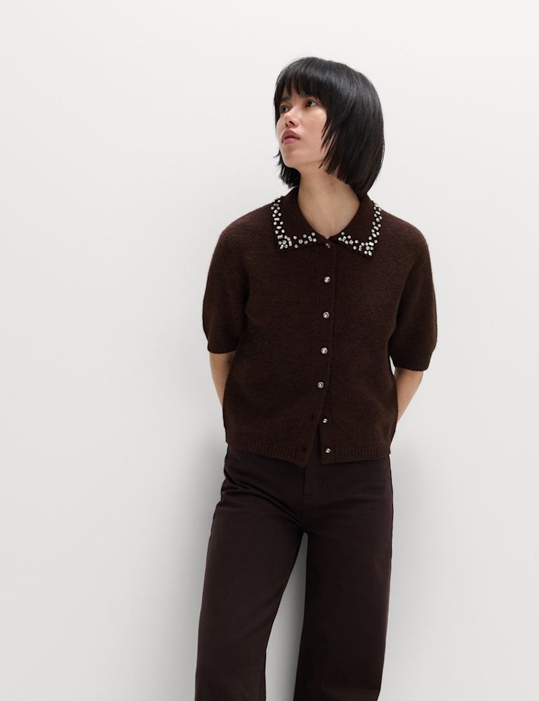 Embellished Cropped Cardigan with Wool