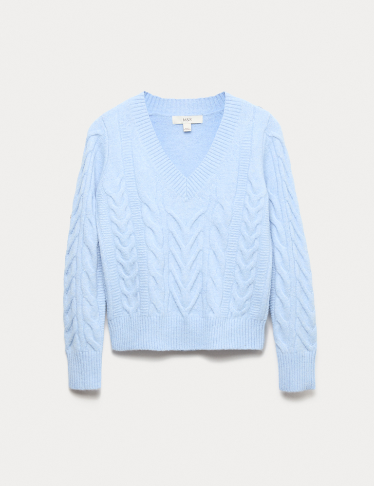 Textured Cable Knit V-Neck Jumper with Wool