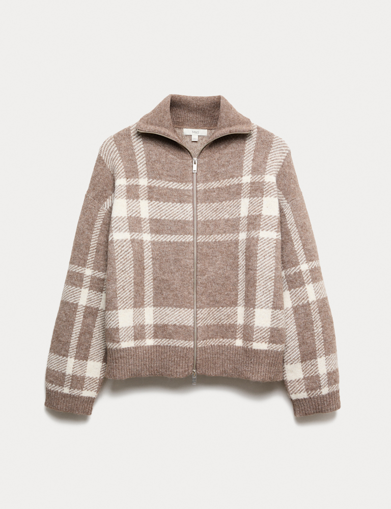 Checked Collared Zip Up Cardigan with Wool