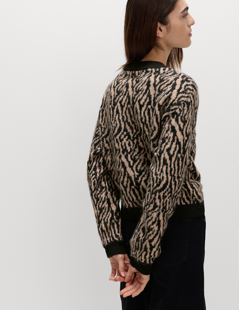 Animal Print Button Front Cardigan With Wool