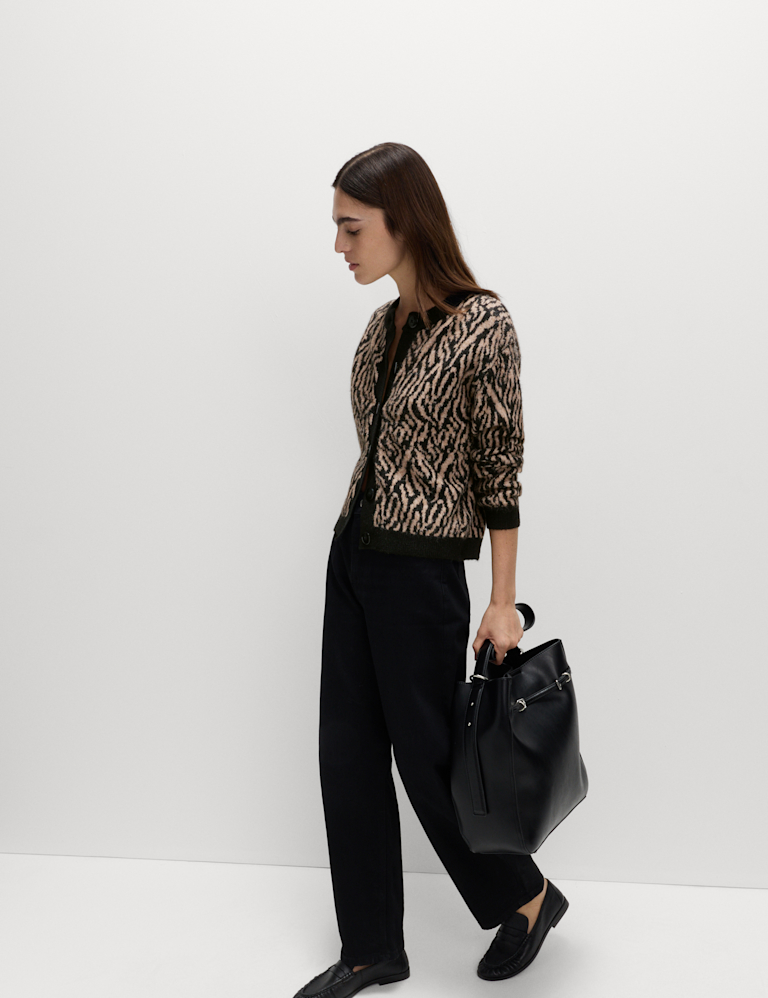 Animal Print Button Front Cardigan With Wool