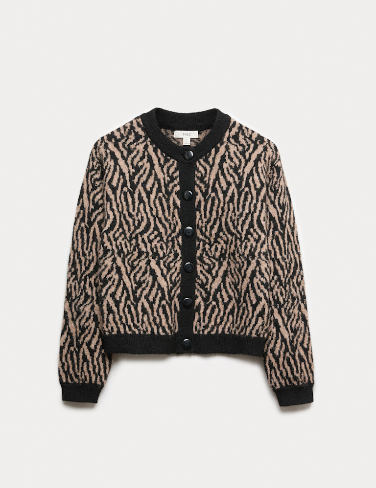 Animal Print Button Front Cardigan With Wool
