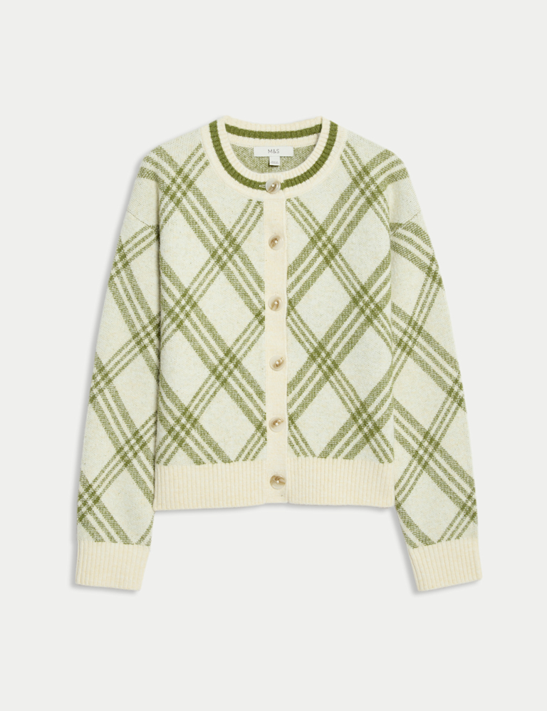 Checked Crew Neck Cardigan With Wool