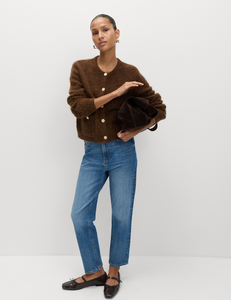 Alpaca Blend Button Front Cropped Cardigan