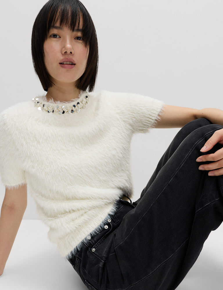 Embellished Crew Neck Fitted Knitted Top Embellished Crew Neck Fitted Knitted Top