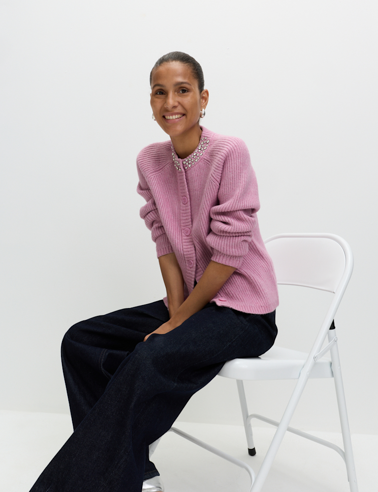 Textured Embellished Button Front Cardigan