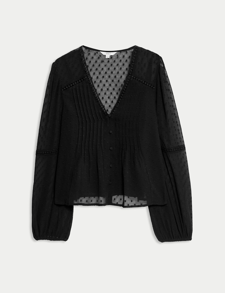 Dobby Textured V-Neck Long Sleeve Blouse