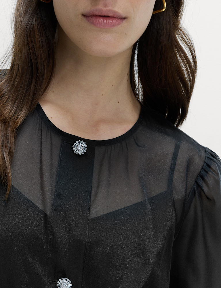 Organza Embellished Button Detail Top