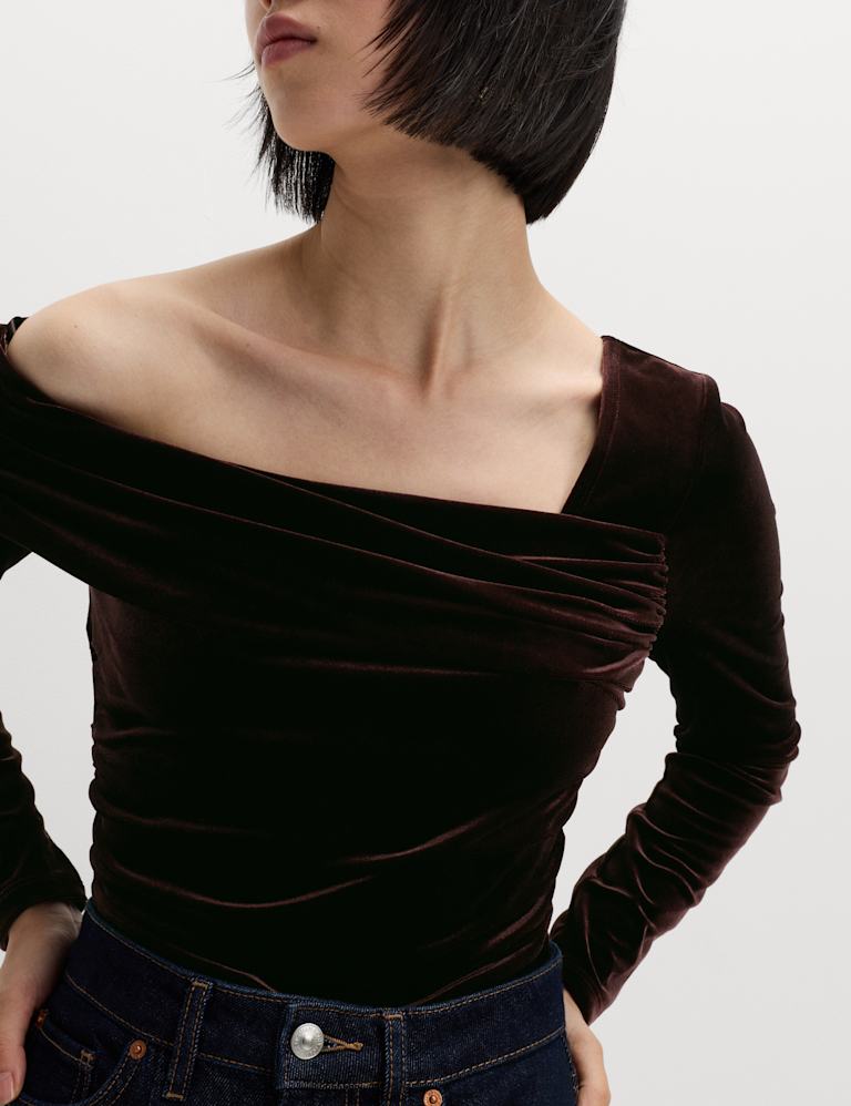 Velvet Asymmetric Neck One Shoulder Top