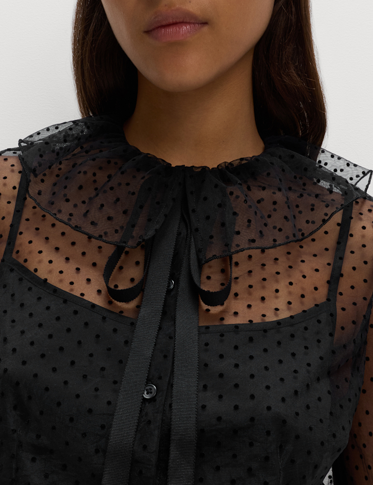 Polka Dot Tie Neck Frill Detail Blouse