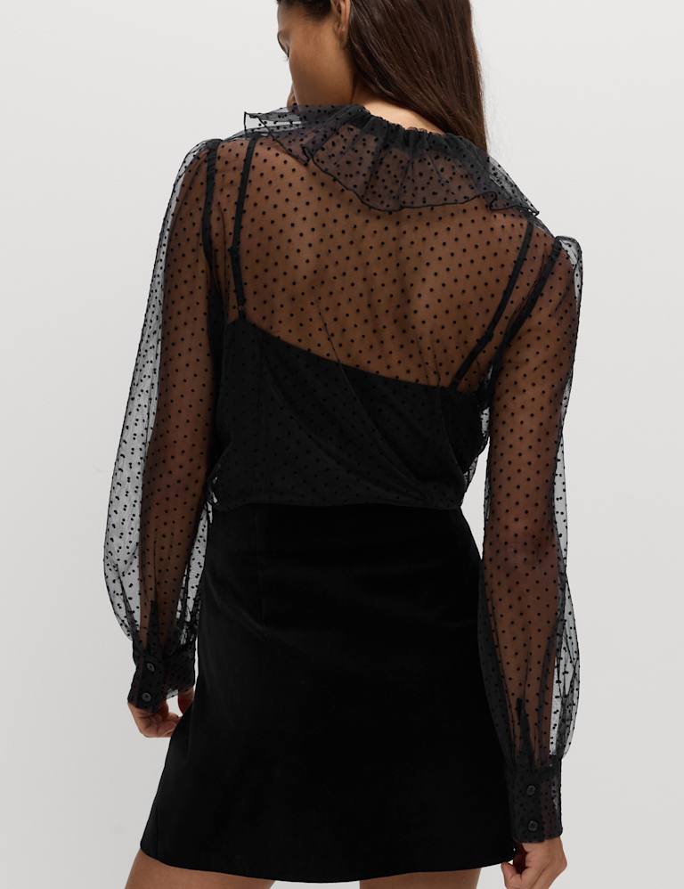 Polka Dot Tie Neck Frill Detail Blouse